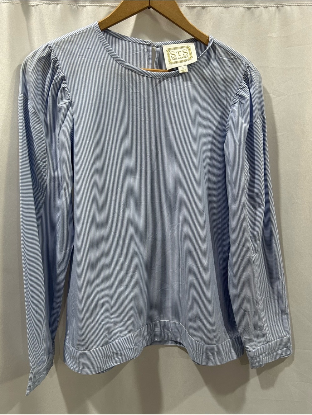 sail to Sable Blue white pinstripe puff sleeve blouse